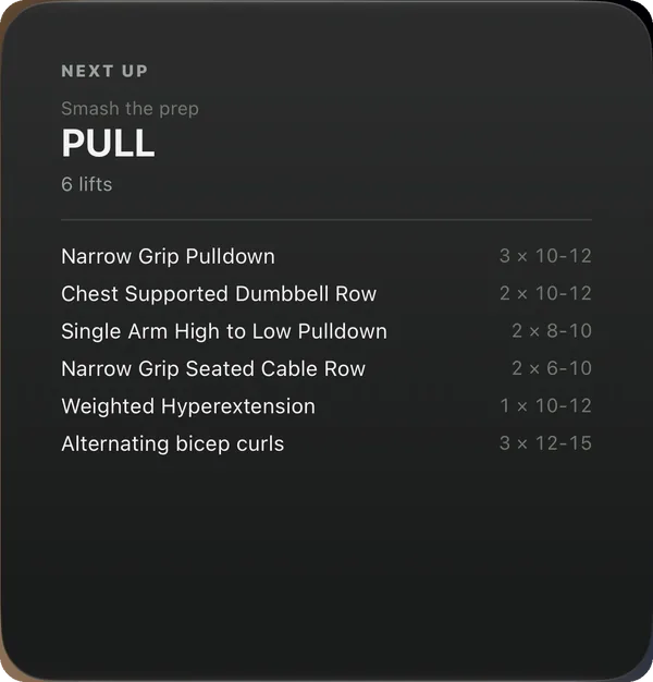 Next Up widget — today's session, the lifts and their sets, on this workout screen