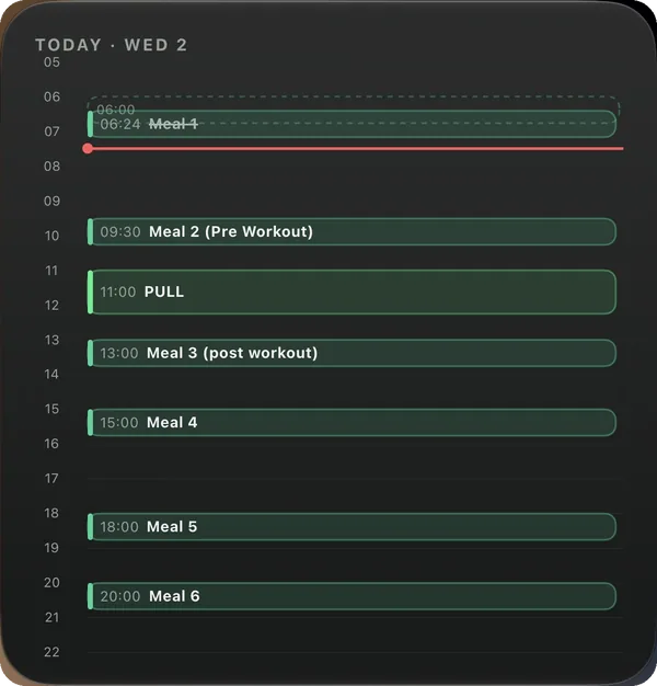 Day planner widget — the day on an hour axis, meals and sessions in place, on this workout screen
