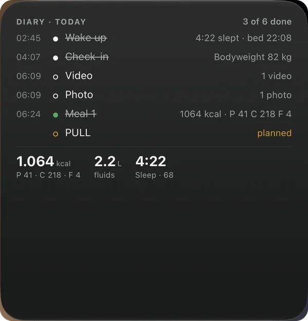 Diary widget — today's entries crossed off, kcal, fluids and sleep, on this workout screen