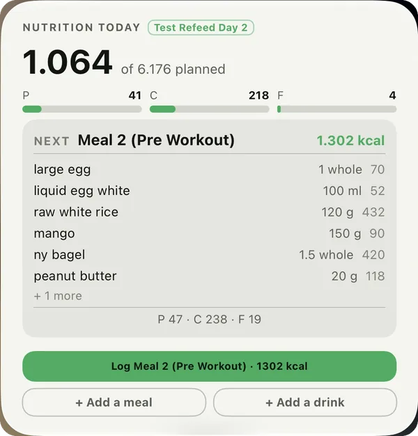 Nutrition widget — kcal eaten of planned, macros, the next meal with its foods, and the one-tap log button, on this workout screen
