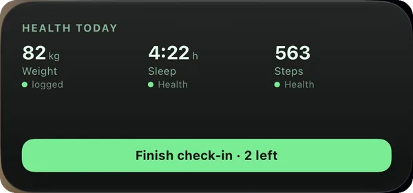 Health widget — weight, sleep and steps, and the check-in still open, on this workout screen