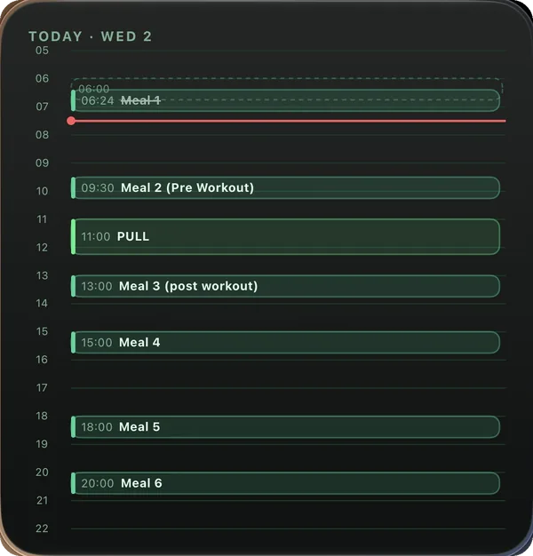 Day planner widget — the day on an hour axis, meals and sessions in place, on this workout screen