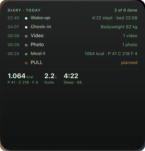 Diary widget — today's entries crossed off, kcal, fluids and sleep, on this workout screen
