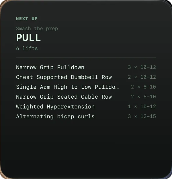 Next Up widget — today's session, the lifts and their sets, on this workout screen