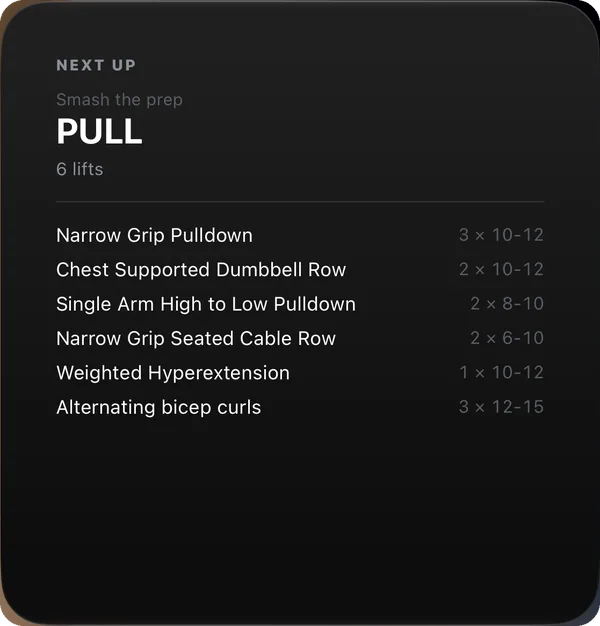 Next Up widget — today's session, the lifts and their sets, on this workout screen