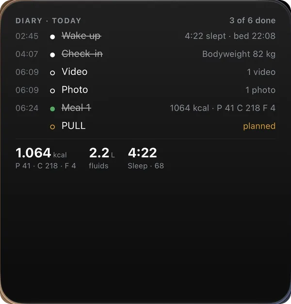 Diary widget — today's entries crossed off, kcal, fluids and sleep, on this workout screen