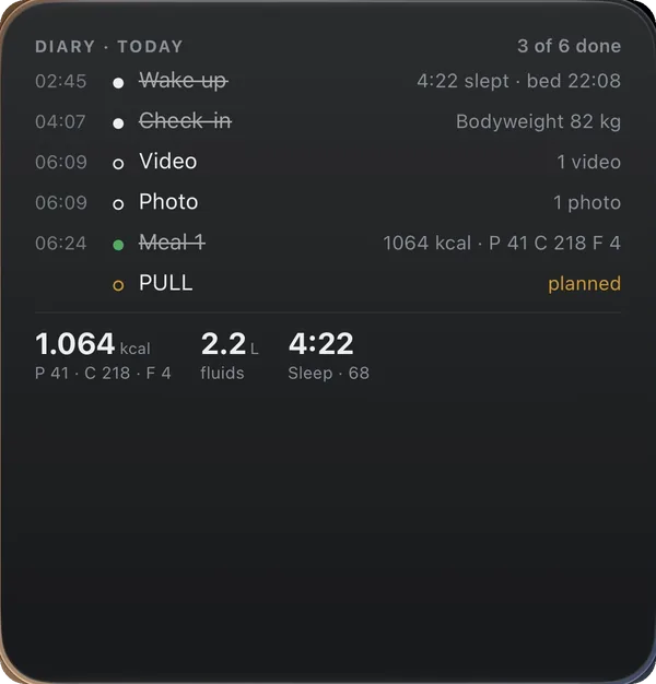 Diary widget — today's entries crossed off, kcal, fluids and sleep, on this workout screen
