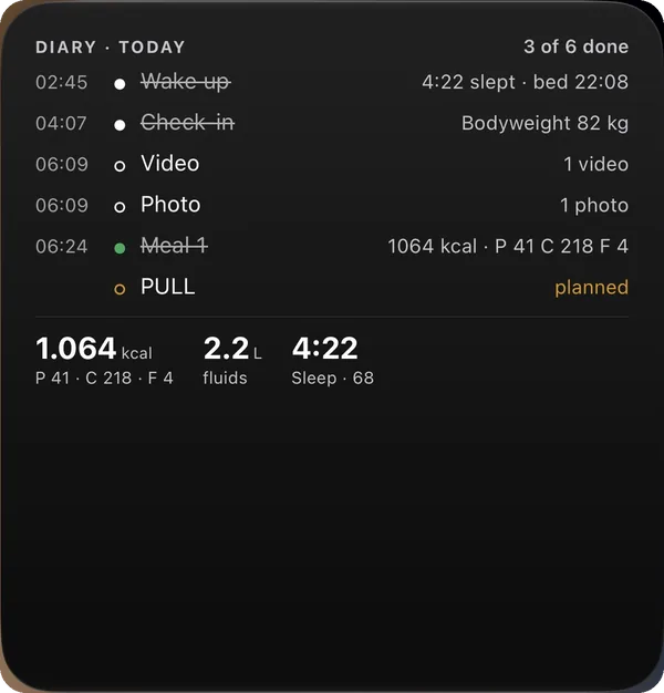 Diary widget — today's entries crossed off, kcal, fluids and sleep, on this workout screen