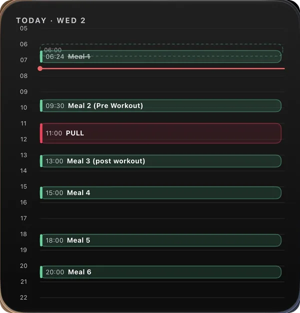 Day planner widget — the day on an hour axis, meals and sessions in place, on this workout screen
