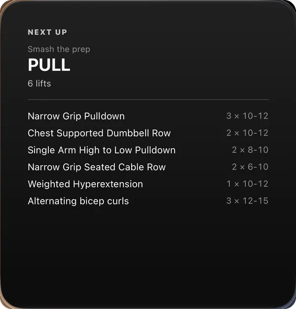Next Up widget — today's session, the lifts and their sets, on this workout screen