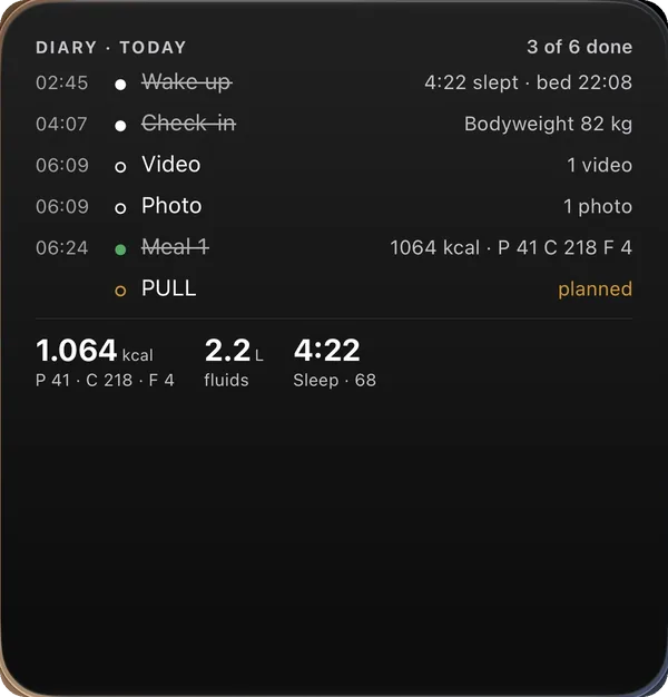 Diary widget — today's entries crossed off, kcal, fluids and sleep, on this workout screen