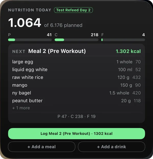Nutrition widget — kcal eaten of planned, macros, the next meal with its foods, and the one-tap log button, on this workout screen
