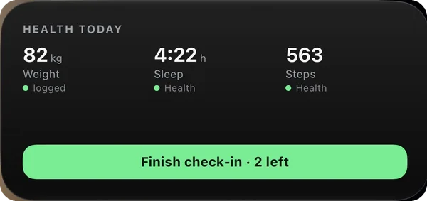 Health widget — weight, sleep and steps, and the check-in still open, on this workout screen
