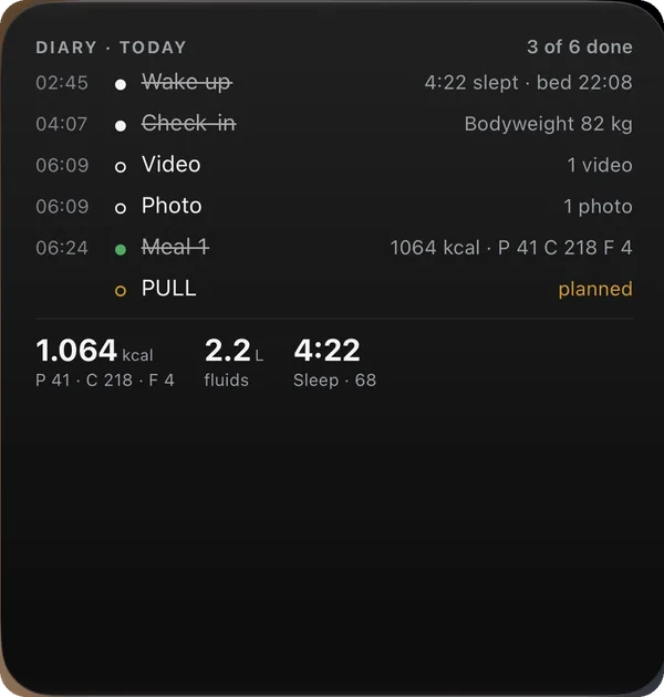Diary widget — today's entries crossed off, kcal, fluids and sleep, on this workout screen