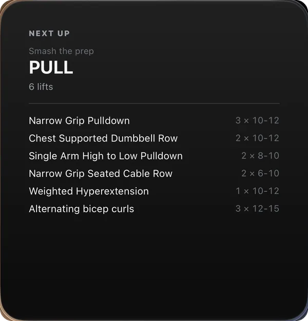 Next Up widget — today's session, the lifts and their sets, on this workout screen